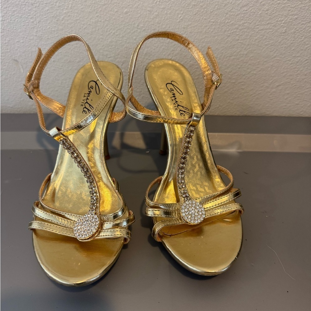 Camille La Vie Gold High Heel Sandals with T-Strap